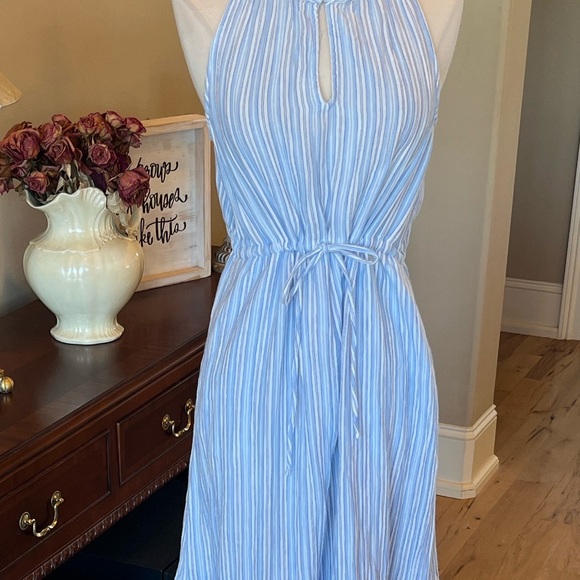 Midi Summer Dress Comfy Cinched Drawstring Waist with Pockets Blue Striped New - Picture 4 of 15
